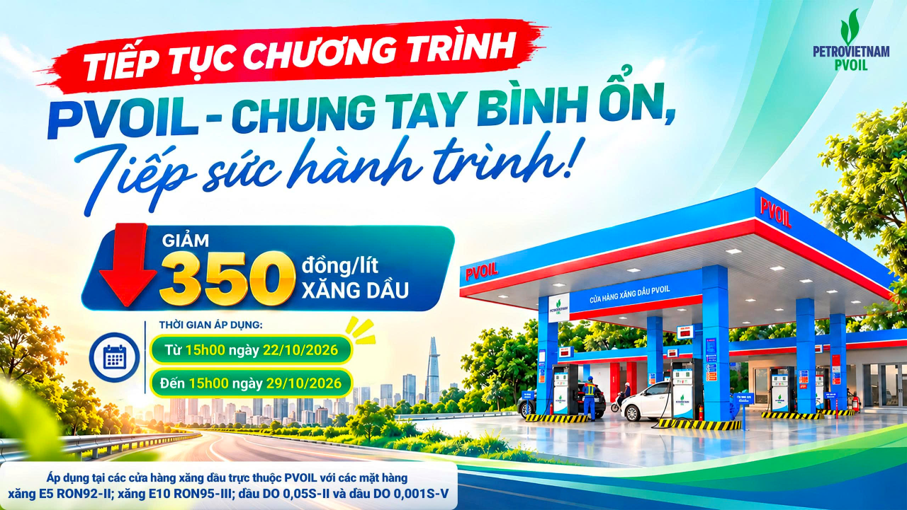 PVOIL tiếp tục giảm giá 350 đồng/lít xăng dầu đến ngày 29/10 PVOIL tiếp tục giảm giá 350 đồng/lít xăng dầu đến ngày 29/10