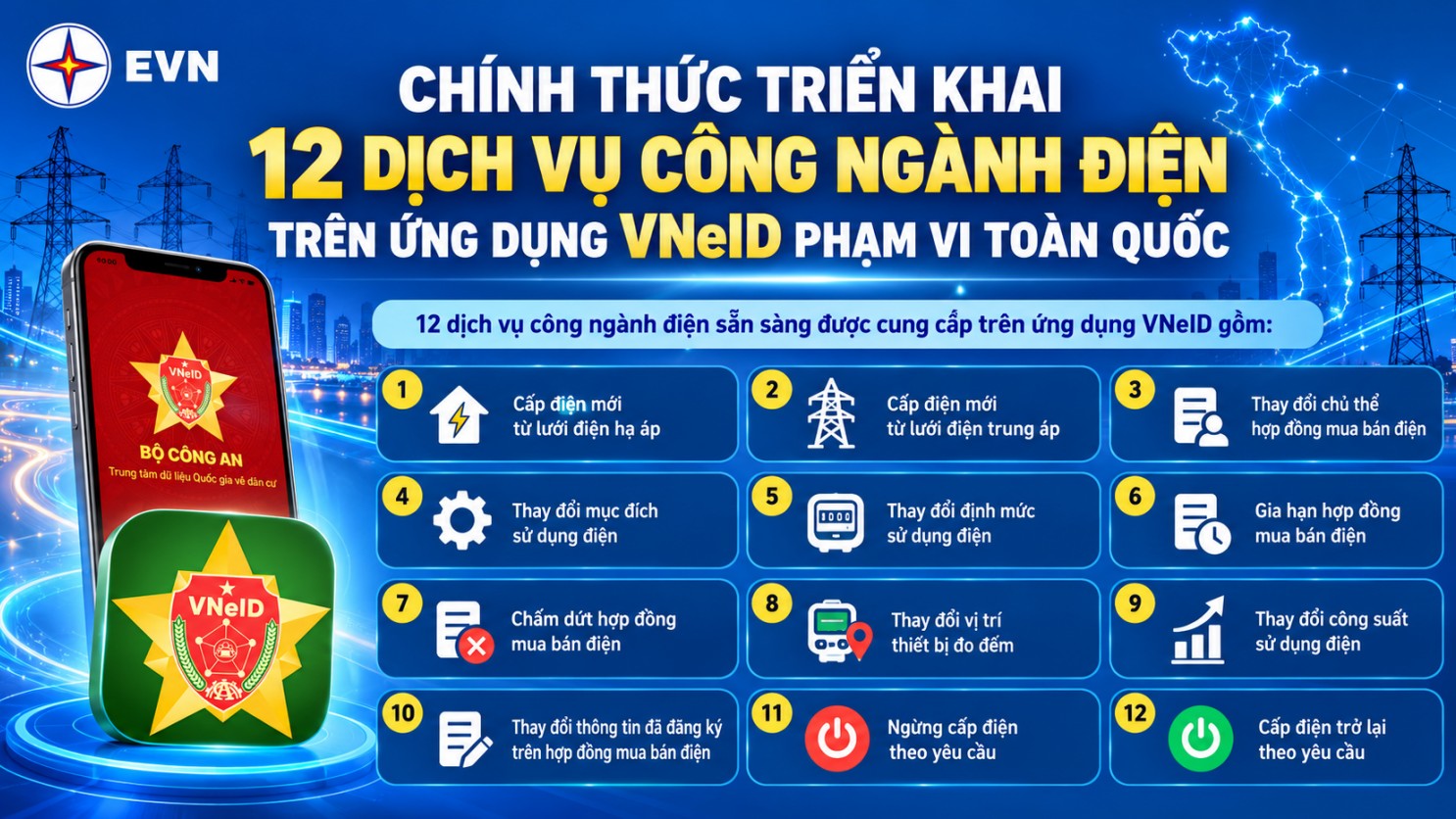 EVN chính thức triển khai 12 dịch vụ công ngành Điện trên VNeID