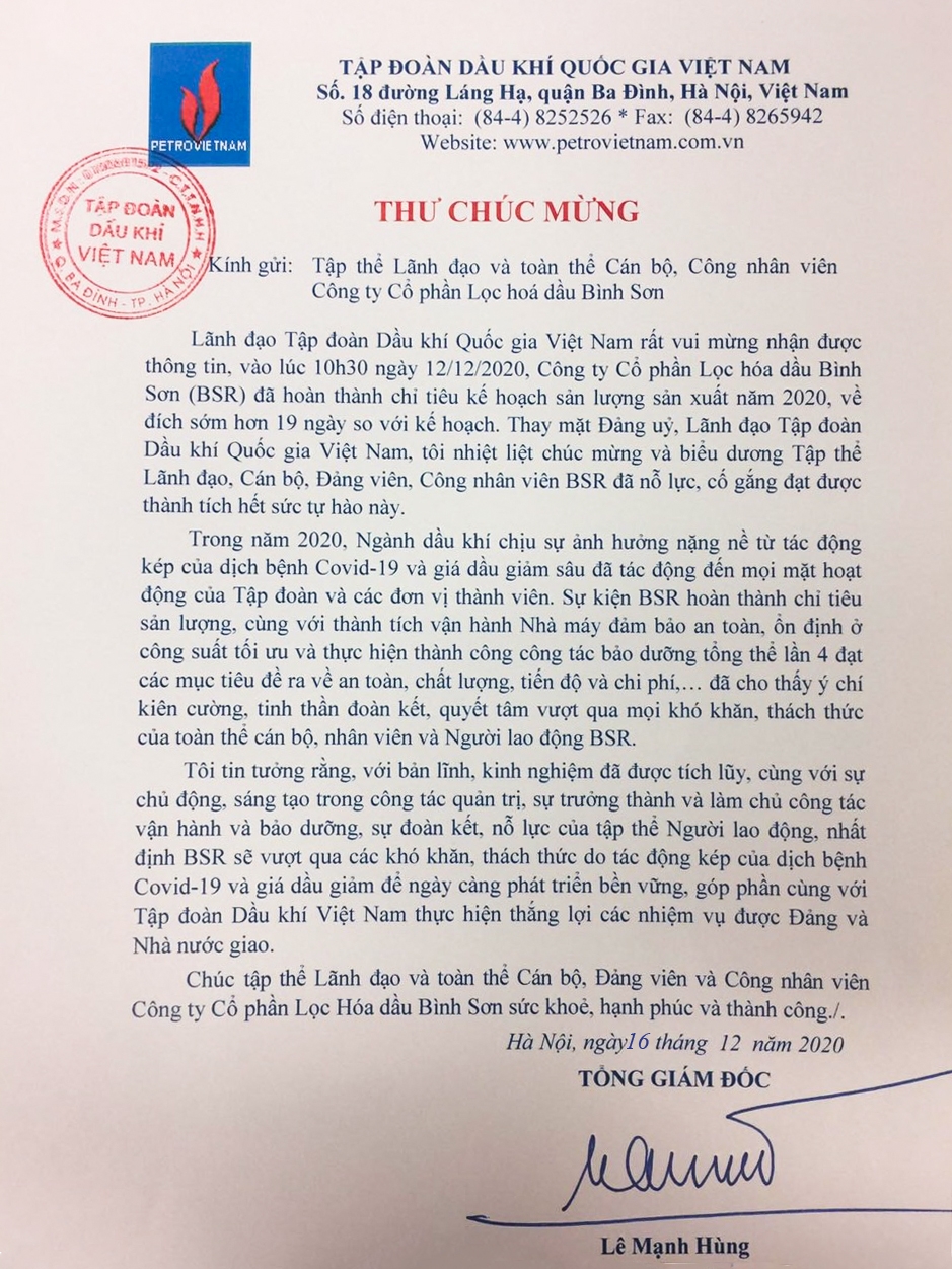 Tổng giám đốc Petrovietnam gửi thư chúc mừng BSR về đích sớm 19 ngày