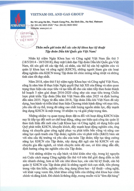 lanh dao tap doan dau khi viet nam gui thu chuc mung nhan ngay khoa hoc cong nghe viet nam