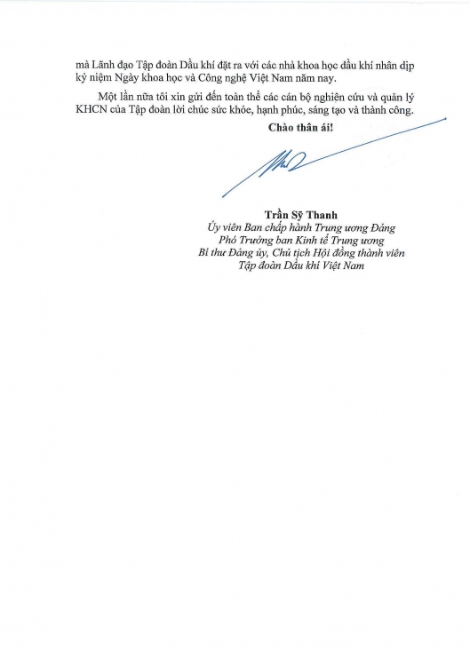 lanh dao tap doan dau khi viet nam gui thu chuc mung nhan ngay khoa hoc cong nghe viet nam