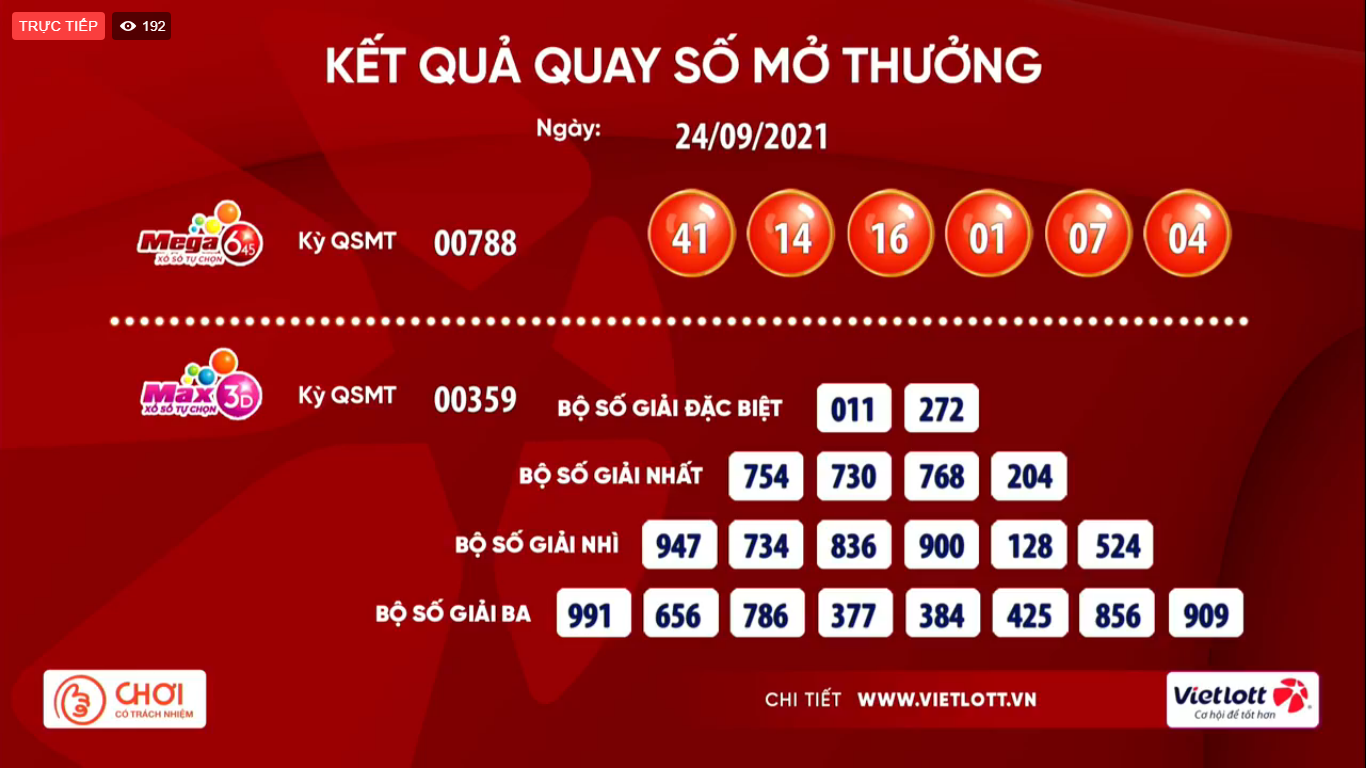 Kết quả quay số mở thưởng Vietlott ngày 24/9