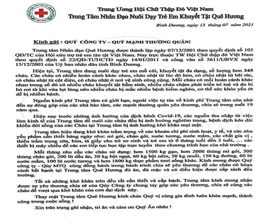 Phong tỏa do Covid-19, Trung tâm nhân đạo Quê Hương (Bình Dương) khẩn khoản sự giúp đỡ