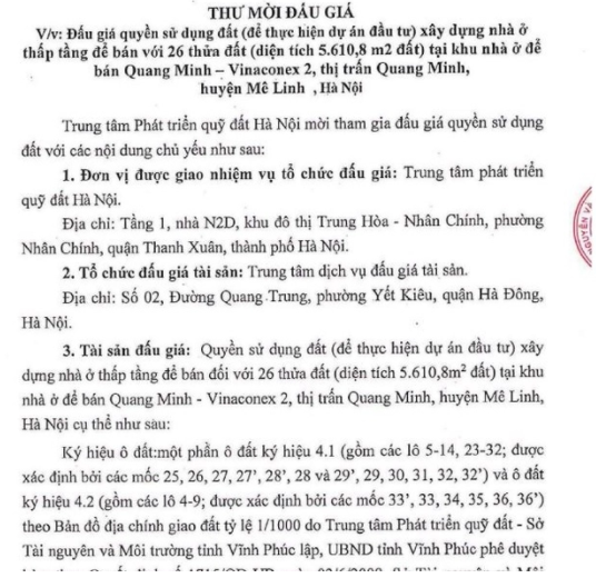Hà Nội đấu giá 26 thửa đất tại huyện Mê Linh với giá khởi điểm 13,4 triệu/m2