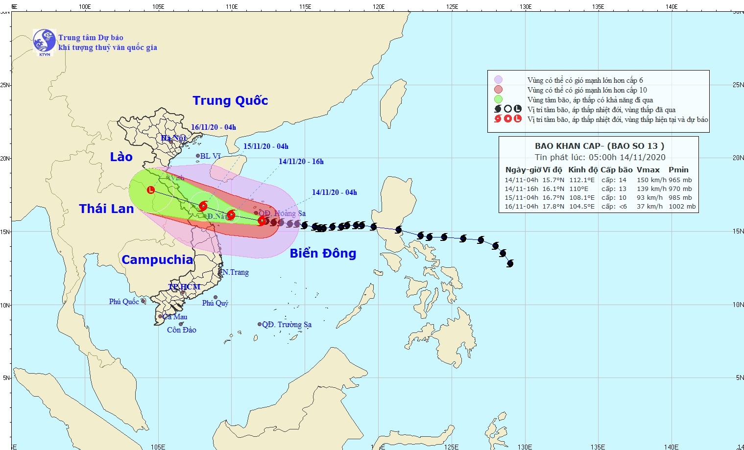 Bão số 13 đang giật cấp 17, giảm cấp 15 khi cách Đà Nẵng - Thừa Thiên Huế khoảng 190km
