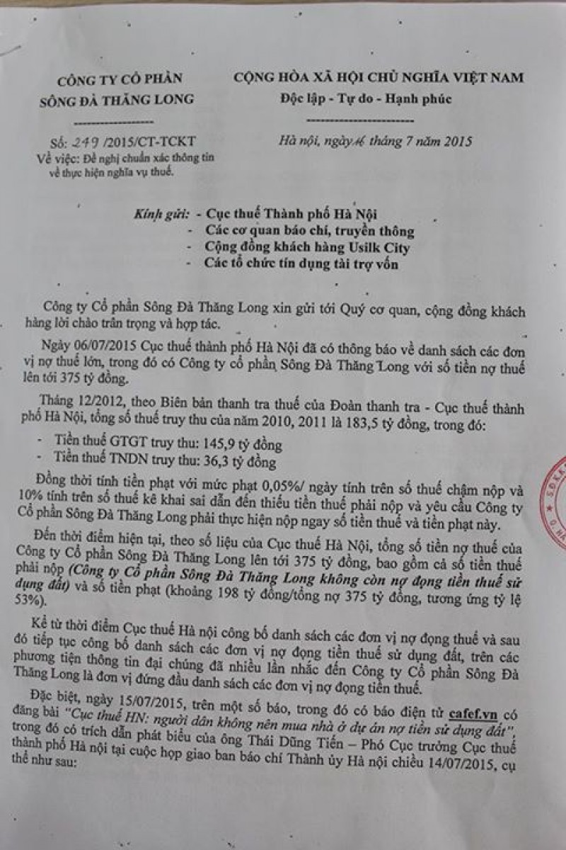 Sông Đà Thăng Long kêu oan: Nợ thuế chỉ 177 tỉ đồng nhưng phạt chậm nộp là 198 tỉ đồng