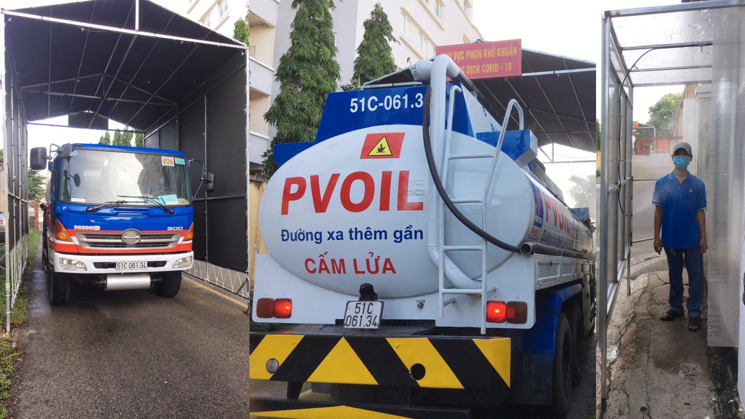Xe bồn và tài xế được phun khử khuẩn trước khi vào kho xăng dầu nhận hàng