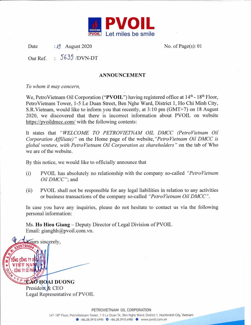 pvoil thong bao thong tin sai su that ve pvoil tren trang mang lien quan den cong ty petrovietnam oil dmcc