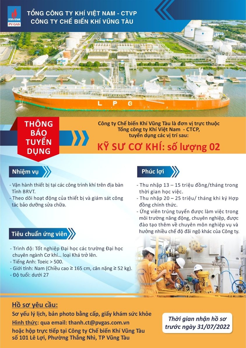 PVGAS Vũng Tàu tuyển dụng 02 Kỹ sư cơ khí