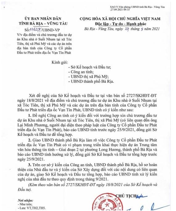 Bà Rịa - Vũng Tàu: Rà soát loạt dự án liên quan đến Công ty Vạn Tín Phát, thu hồi dự án 100ha của Busadco
