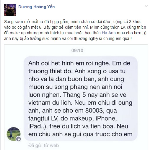 Dương Hoàng Yến bức xúc vì bị gạ tình 8.000 USD