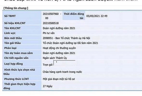 Ban Tổ chức Thành ủy Hà Nội lên tiếng vụ đấu thầu, lựa chọn dịch vụ điều dưỡng, nghỉ dưỡng năm 2021