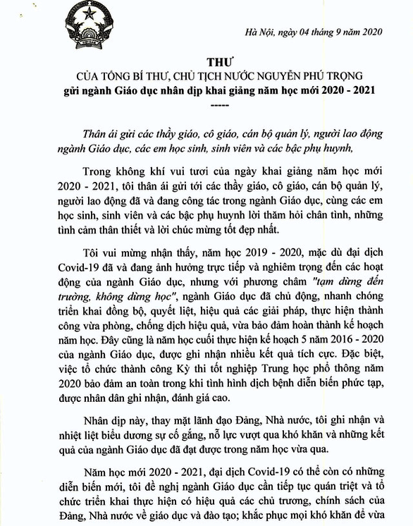 Thư chúc mừng của Tổng Bí thư, Chủ tịch nước Nguyễn Phú Trọng nhân dịp năm học mới 2020 2021