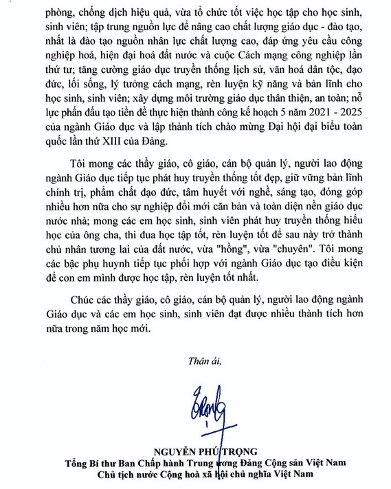 Thư chúc mừng của Tổng Bí thư, Chủ tịch nước Nguyễn Phú Trọng nhân dịp năm học mới 2020 2021