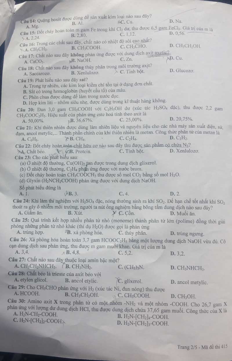 hóa học, đề thi, lời giải, đáp án, hướng dẫn