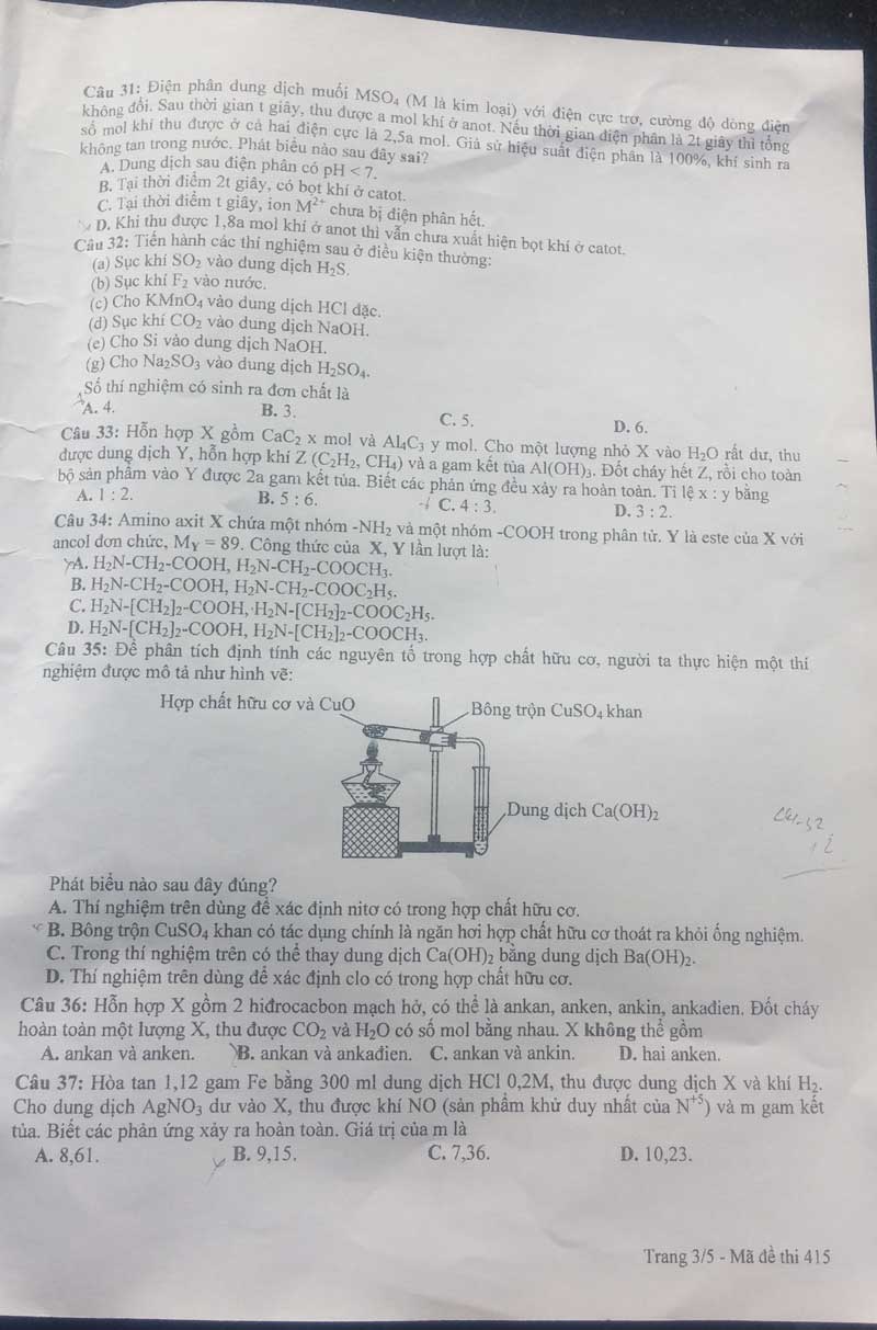 hóa học, đề thi, lời giải, đáp án, hướng dẫn