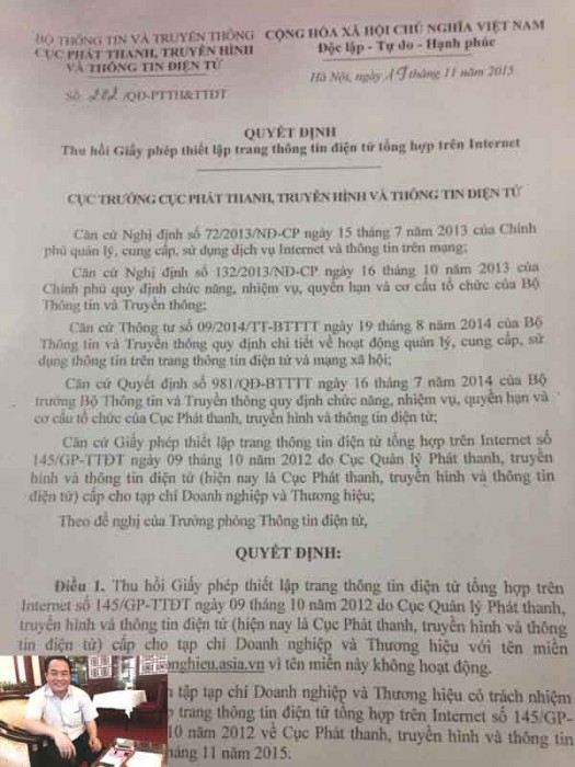 Thu hồi giấy phép trang điện tử của ông Trần Đức Trung