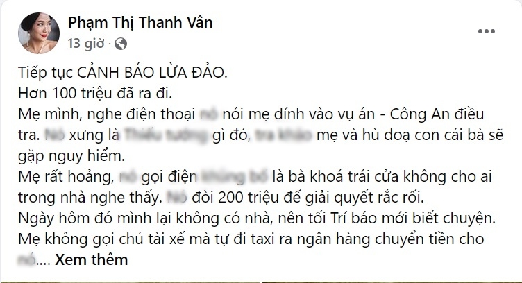 Ốc Thanh Vân đăng tin mẹ ruột bị lừa 100 triệu Ốc Thanh Vân đăng tin mẹ ruột bị lừa 100 triệu