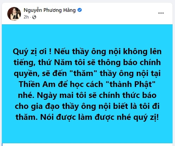 Bà Phương Hằng tuyên bố sẽ đến tận nơi 