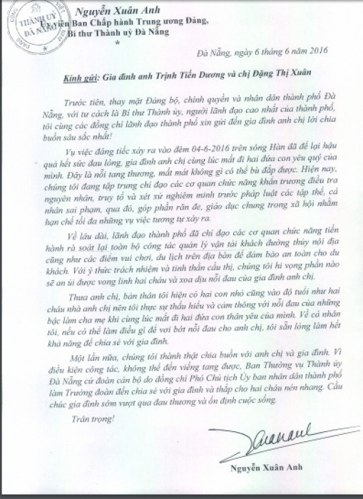 bi thu da nang gui thu chia buon den gia dinh nan nhan vu chim tau