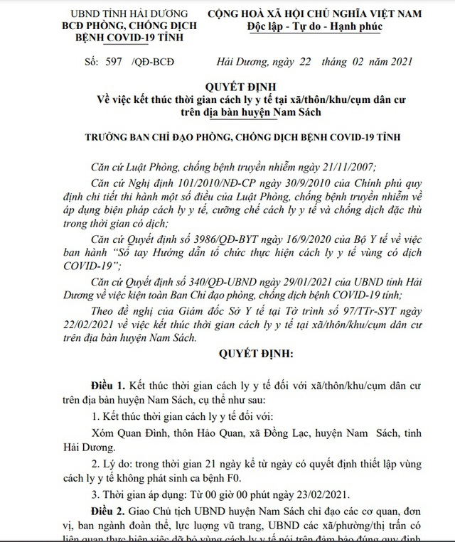 Kết thúc thời gian cách ly y tế các khu dân cư huyện Nam sách và Ninh Giang - 2
