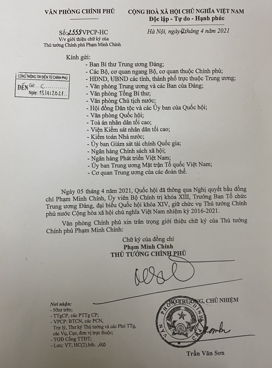 Giới thiệu chữ ký của Thủ tướng, 2 Phó Thủ tướng và Bộ trưởng, Chủ nhiệm Văn phòng Chính phủ
