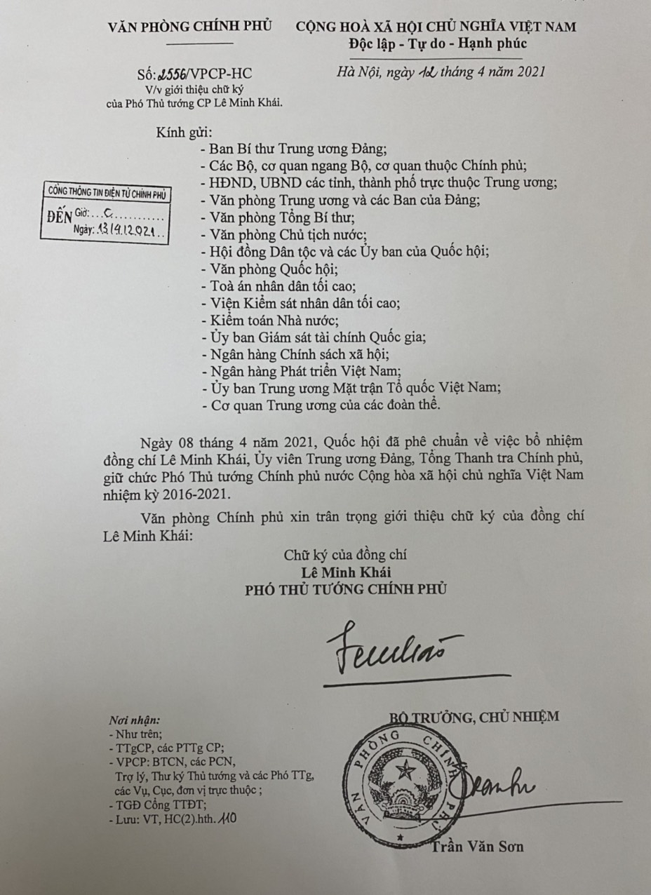 Giới thiệu chữ ký của Thủ tướng, 2 Phó Thủ tướng và Bộ trưởng, Chủ nhiệm Văn phòng Chính phủ