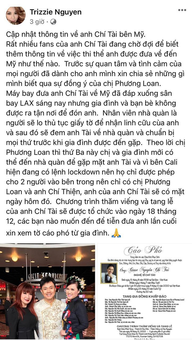 Đám tang nghệ sĩ Chí Tài ở Mỹ: Vợ chưa được gặp, hạn chế người vào