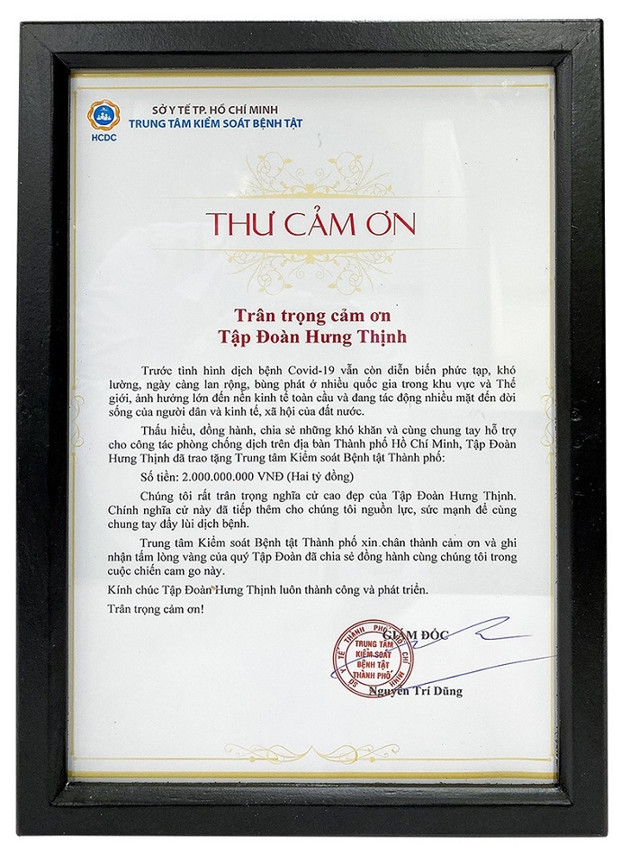 Tập đoàn Hưng Thịnh tặng Trung tâm Kiểm soát bệnh tật TP.HCM 2 tỷ đồng hỗ trợ phòng chống dịch Covid- 19