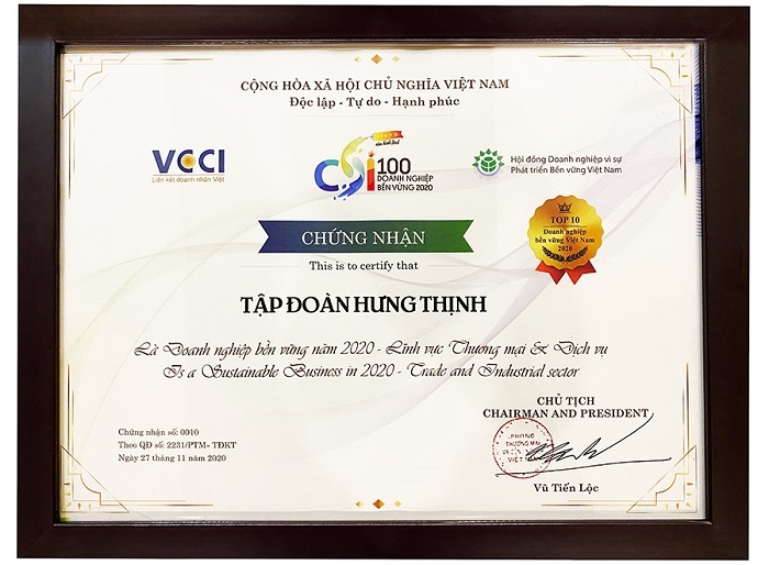 Tập đoàn Hưng Thịnh vào Top 10 Doanh nghiệp bền vững 2020