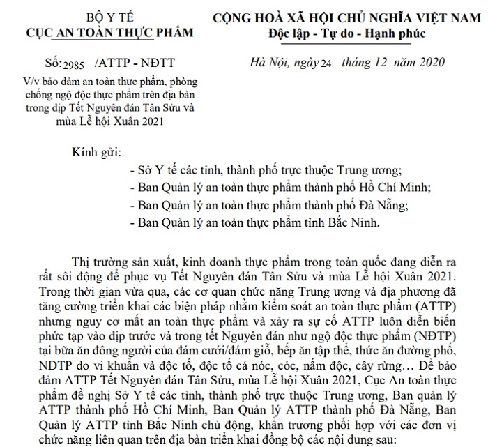 Cục An toàn thực phẩm: Bảo đảm an toàn thực phẩm, phòng chống ngộ độc thực phẩm dịp Tết Nguyên đán và mùa Lễ hội Xuân 2021