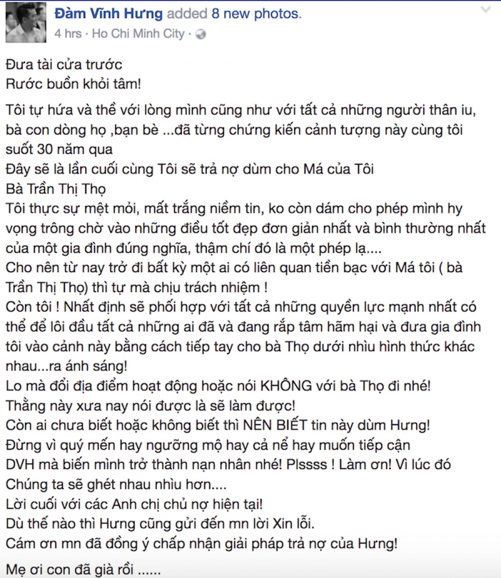 dam vinh hung tuyen bo chi tra no giup me lan cuoi cung