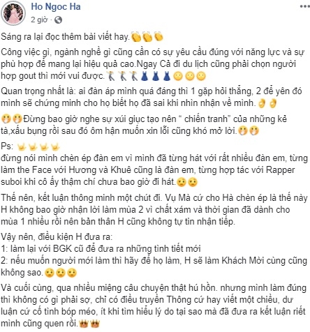 ho ngoc ha len tieng ve viec chen ep minh hang roi the face 2017